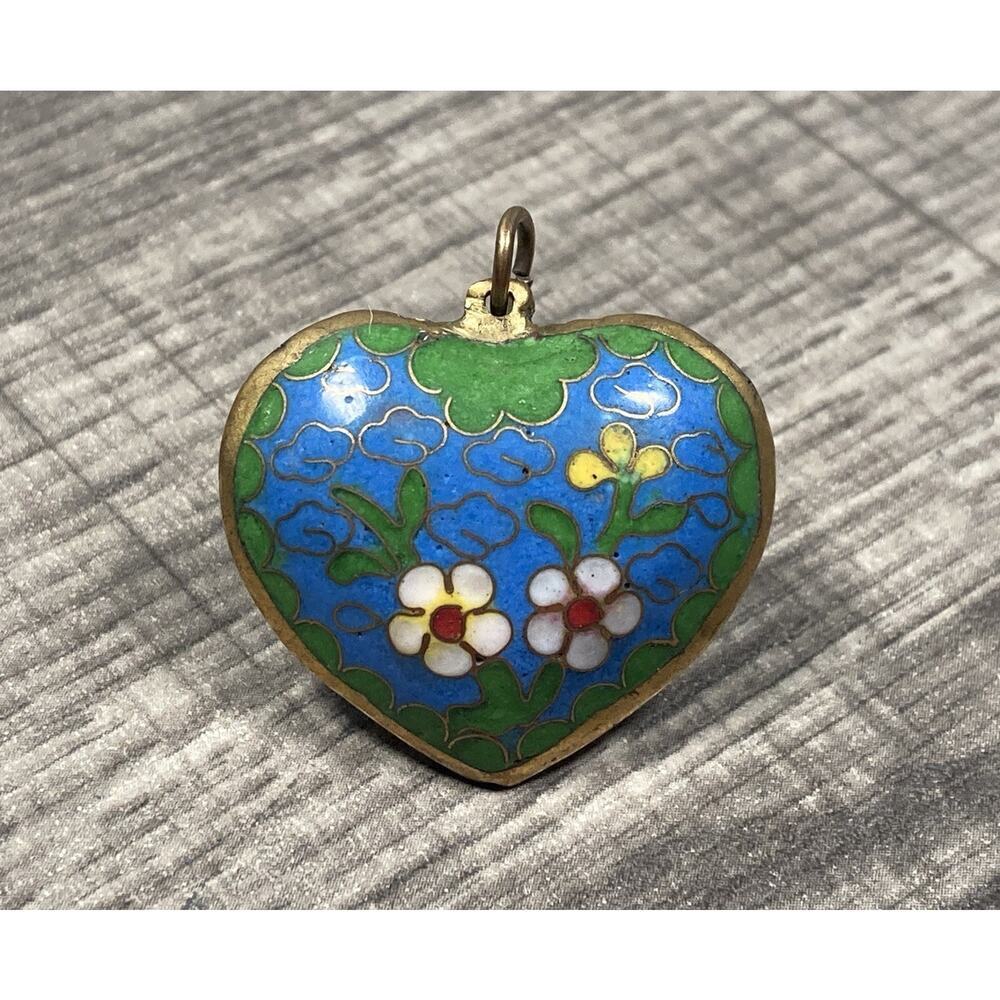Vintage Cloisonne' Floral Flower Water Design Puffed Heart Pendant Brass